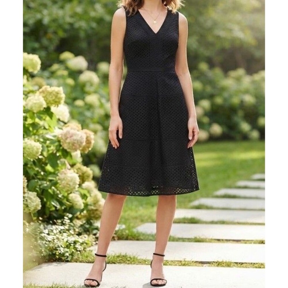 Ann Taylor Women's Black Tiered Eyelet Fit & Flare Midi Dress Sz 0 Whimsy Goth